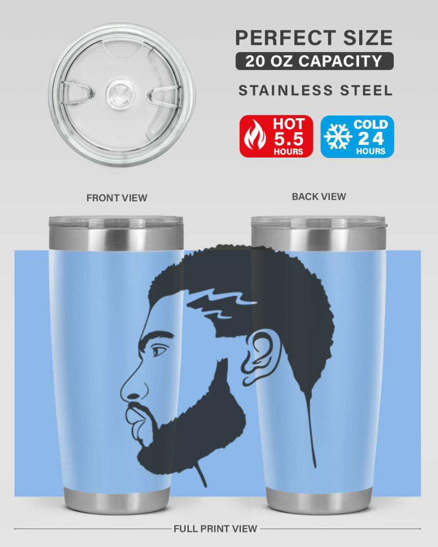 Beardman 52# black tumbler with double wall vacuum stainless steel design, featuring a drink-thru lid and stylish print.