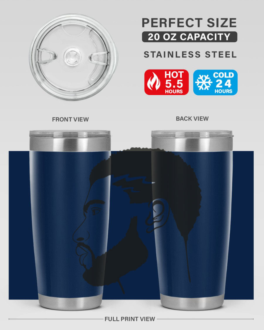 Beardman 52# black tumbler with double wall vacuum stainless steel design, featuring a drink-thru lid and stylish print.