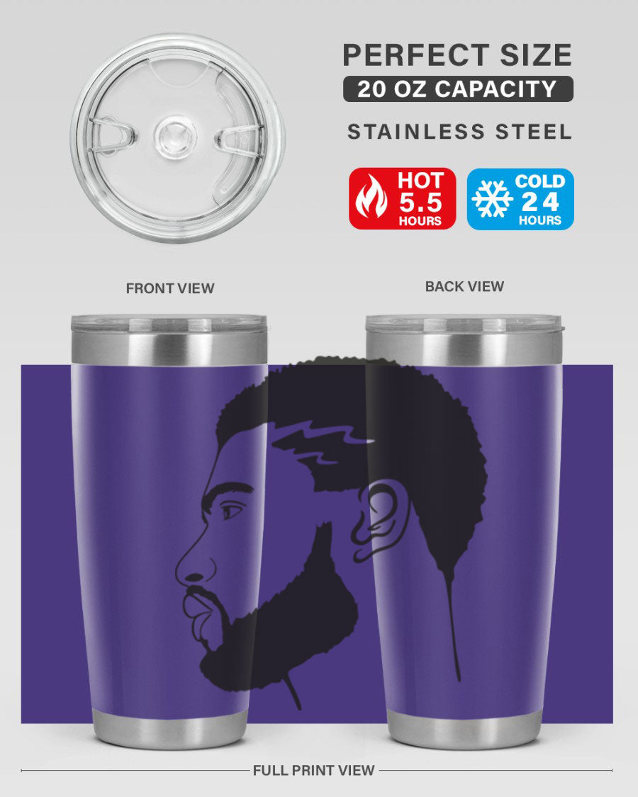 Beardman 52# black tumbler with double wall vacuum stainless steel design, featuring a drink-thru lid and stylish print.
