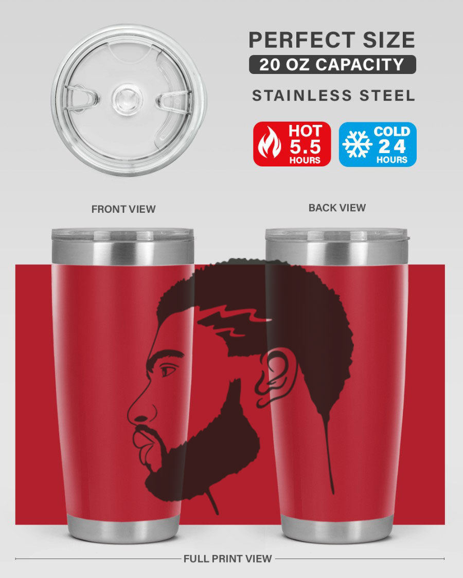Beardman 52# black tumbler with double wall vacuum stainless steel design, featuring a drink-thru lid and stylish print.
