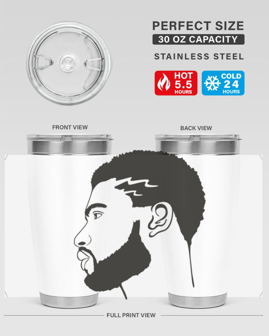 Beardman 52# black tumbler with double wall vacuum stainless steel design, featuring a drink-thru lid and stylish print.