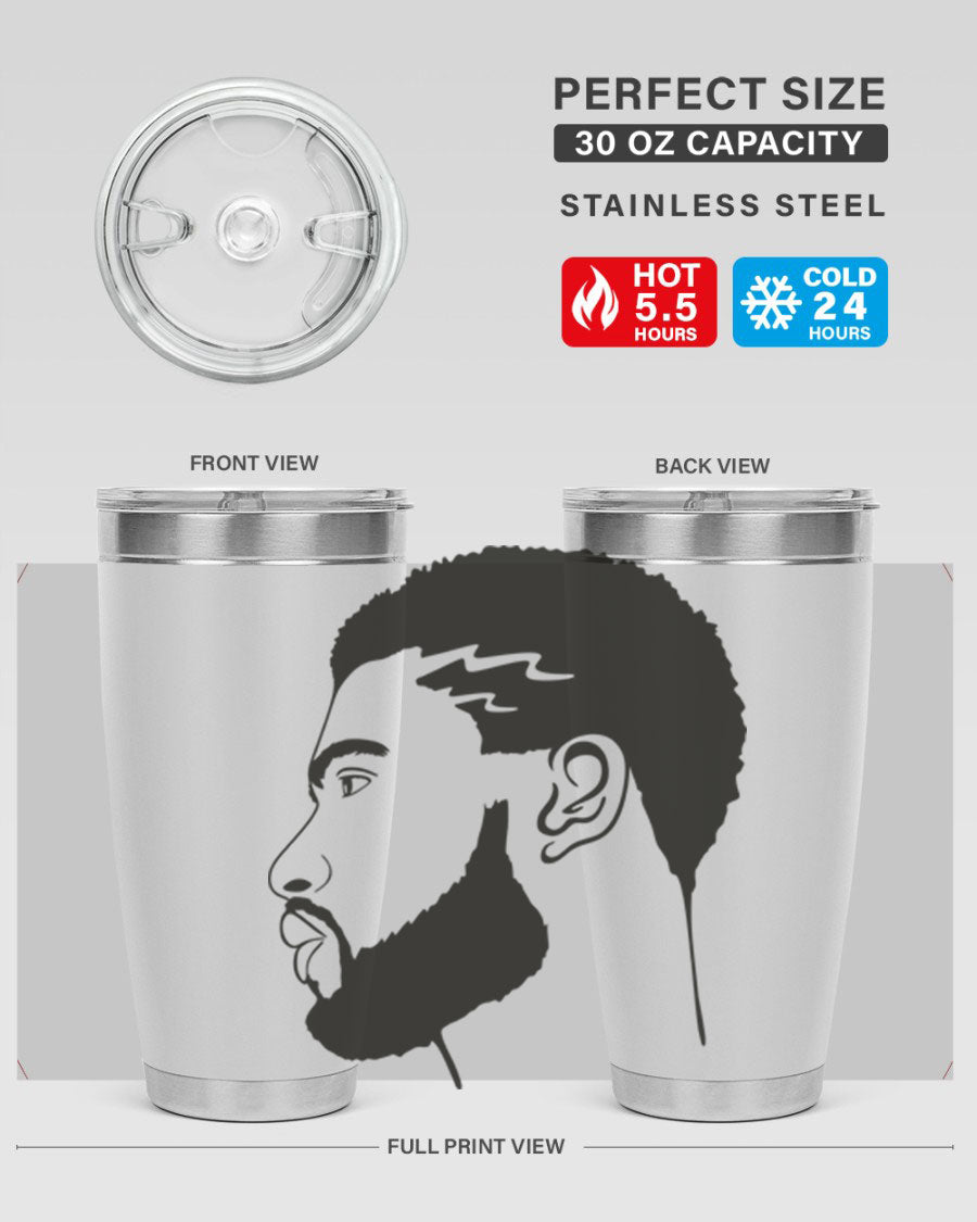 Beardman 52# black tumbler with double wall vacuum stainless steel design, featuring a drink-thru lid and stylish print.