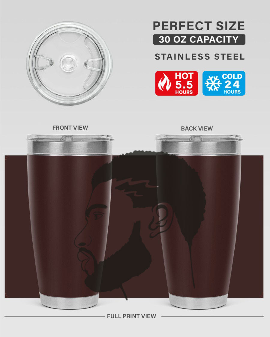 Beardman 52# black tumbler with double wall vacuum stainless steel design, featuring a drink-thru lid and stylish print.
