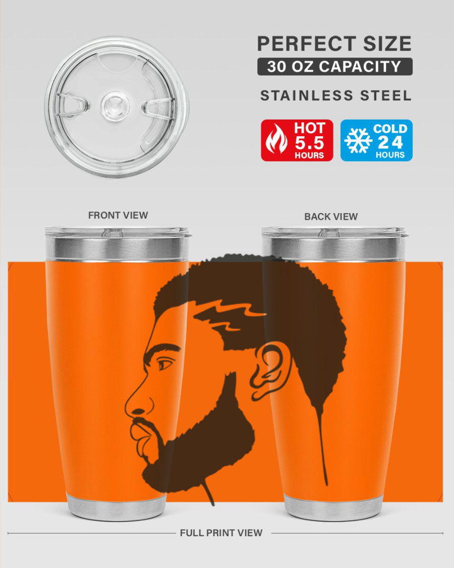 Beardman 52# black tumbler with double wall vacuum stainless steel design, featuring a drink-thru lid and stylish print.