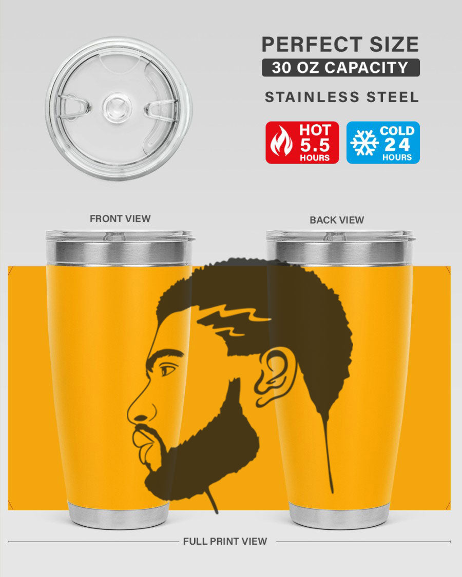 Beardman 52# black tumbler with double wall vacuum stainless steel design, featuring a drink-thru lid and stylish print.