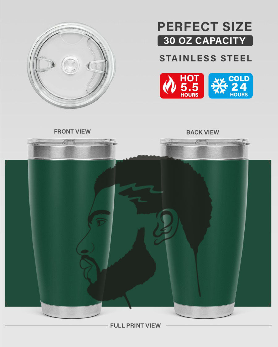 Beardman 52# black tumbler with double wall vacuum stainless steel design, featuring a drink-thru lid and stylish print.