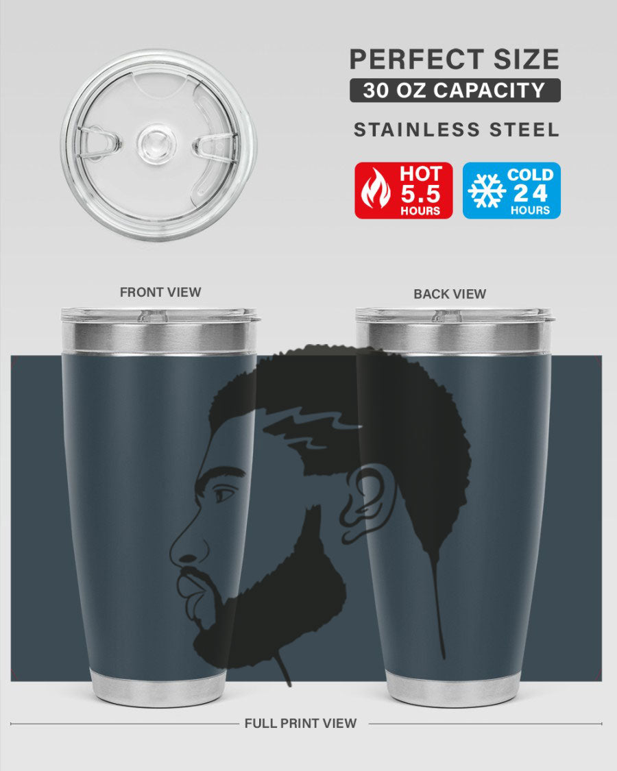 Beardman 52# black tumbler with double wall vacuum stainless steel design, featuring a drink-thru lid and stylish print.