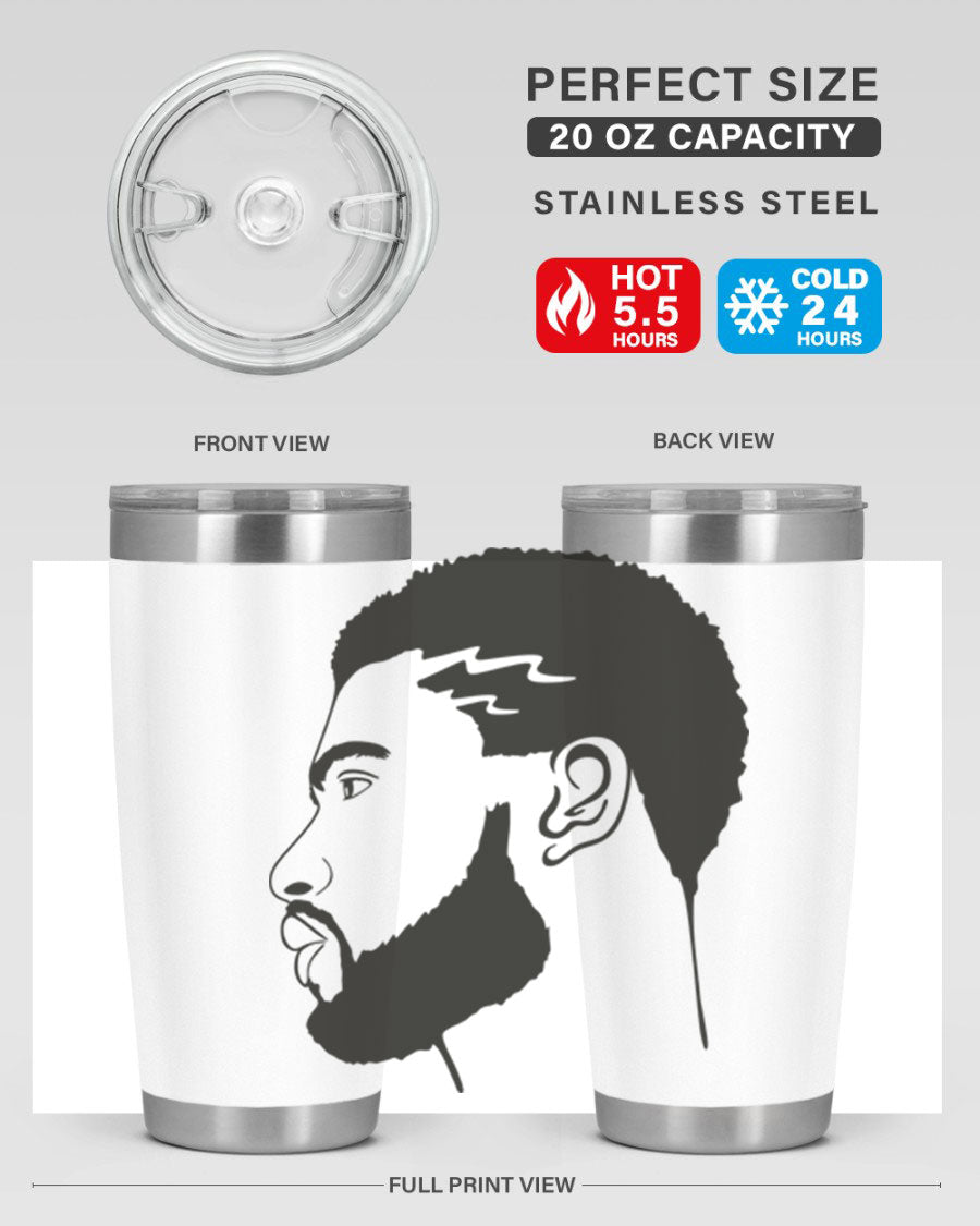 Beardman 52# black tumbler with double wall vacuum stainless steel design, featuring a drink-thru lid and stylish print.