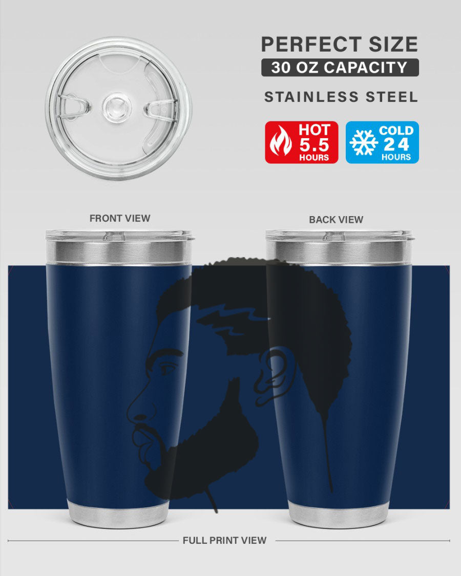 Beardman 52# black tumbler with double wall vacuum stainless steel design, featuring a drink-thru lid and stylish print.