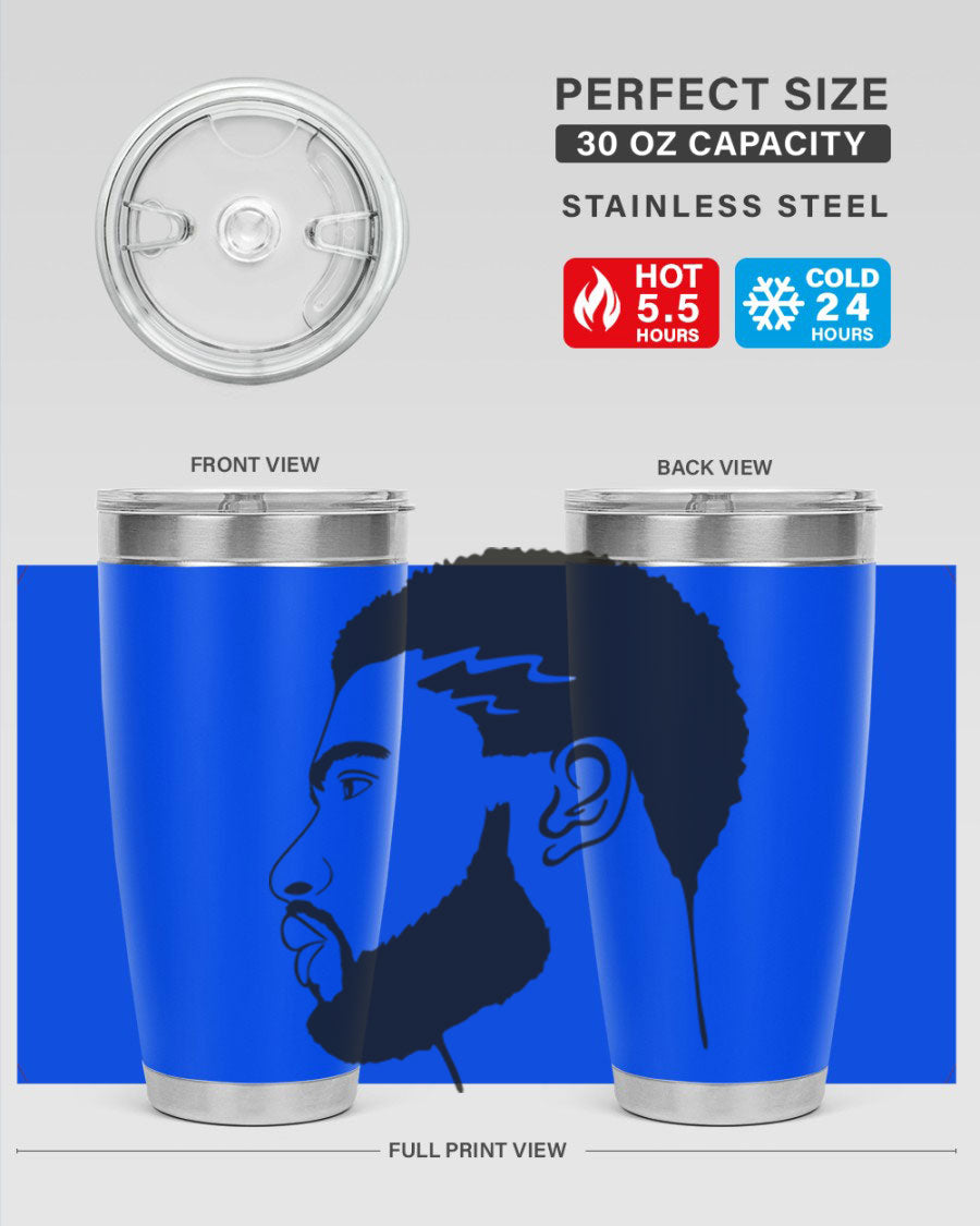 Beardman 52# black tumbler with double wall vacuum stainless steel design, featuring a drink-thru lid and stylish print.