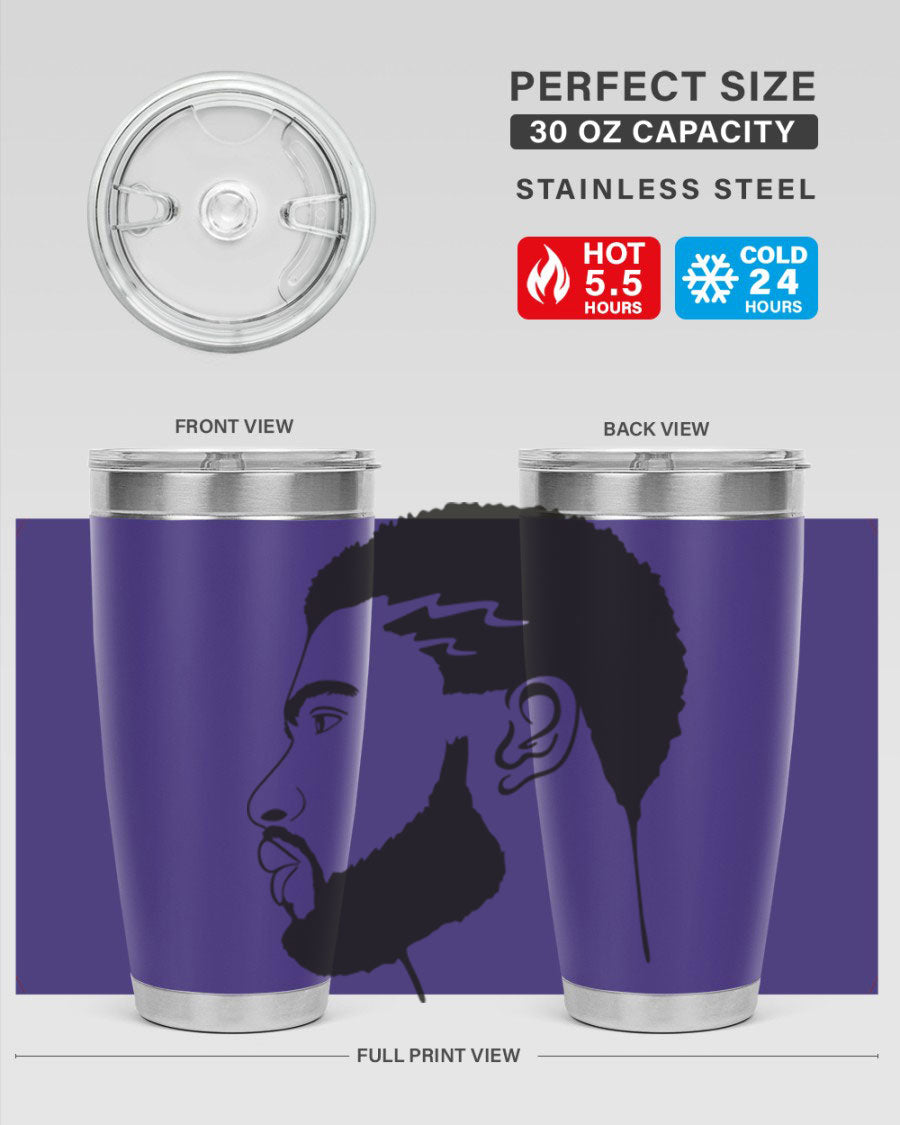 Beardman 52# black tumbler with double wall vacuum stainless steel design, featuring a drink-thru lid and stylish print.