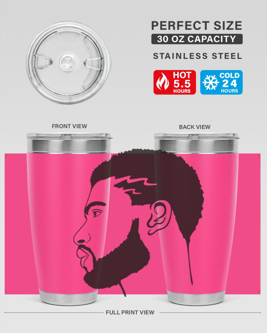 Beardman 52# black tumbler with double wall vacuum stainless steel design, featuring a drink-thru lid and stylish print.