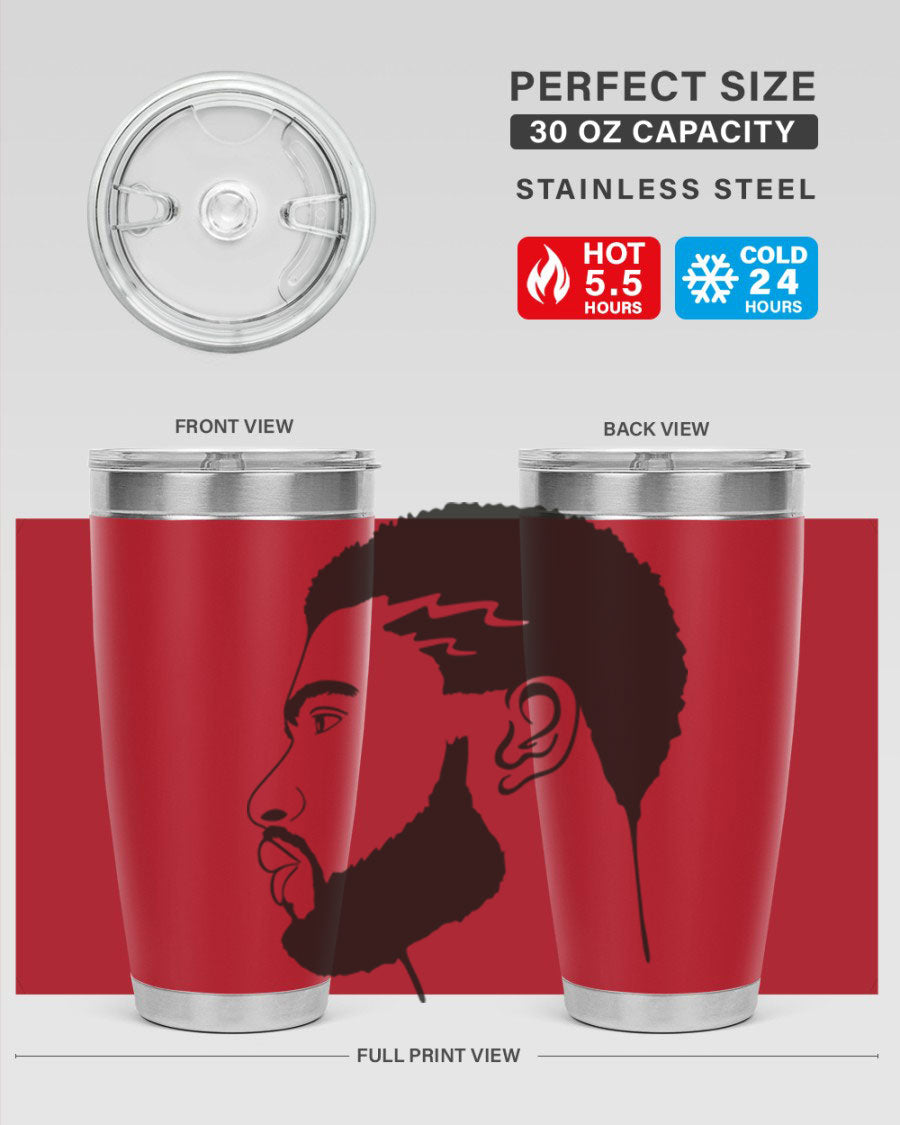 Beardman 52# black tumbler with double wall vacuum stainless steel design, featuring a drink-thru lid and stylish print.