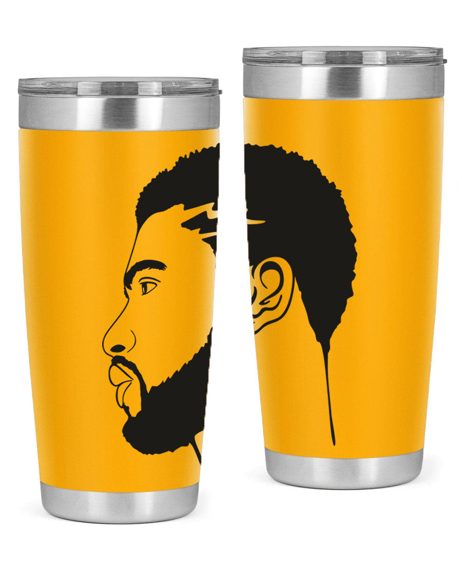 Beardman 52# black tumbler with double wall vacuum stainless steel design, featuring a drink-thru lid and stylish print.