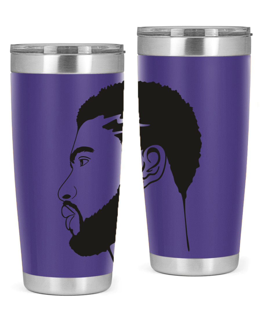 Beardman 52# black tumbler with double wall vacuum stainless steel design, featuring a drink-thru lid and stylish print.