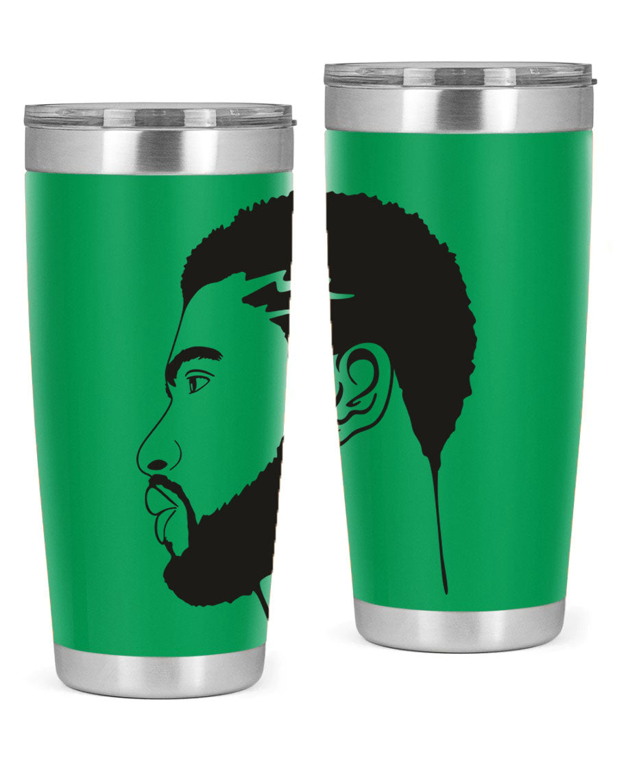 Beardman 52# black tumbler with double wall vacuum stainless steel design, featuring a drink-thru lid and stylish print.