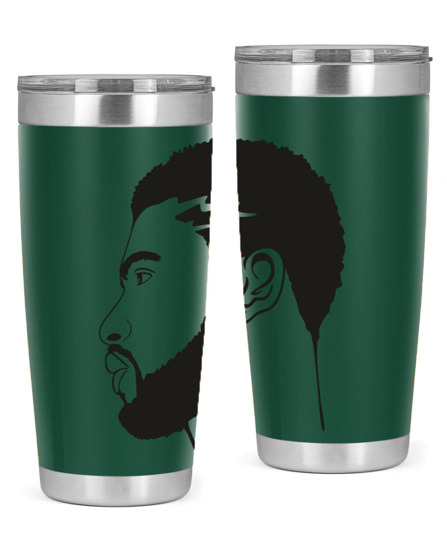 Beardman 52# black tumbler with double wall vacuum stainless steel design, featuring a drink-thru lid and stylish print.