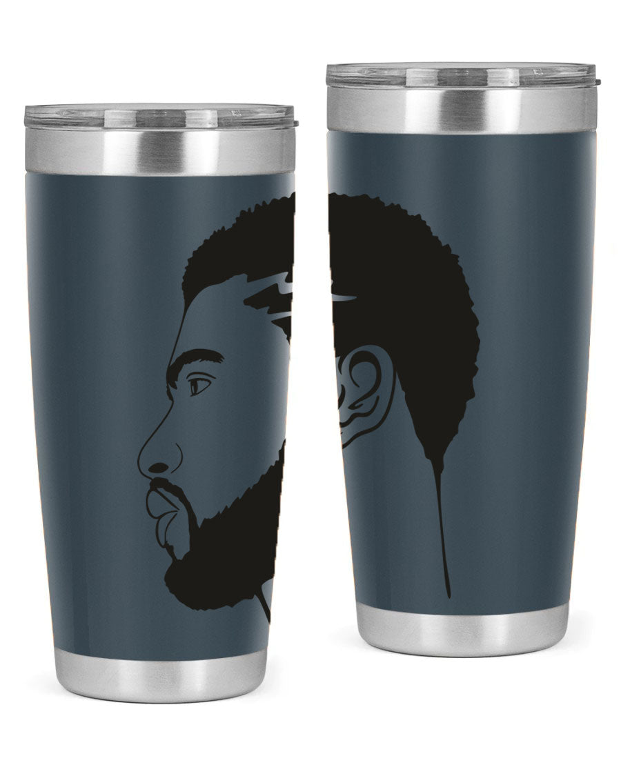 Beardman 52# black tumbler with double wall vacuum stainless steel design, featuring a drink-thru lid and stylish print.