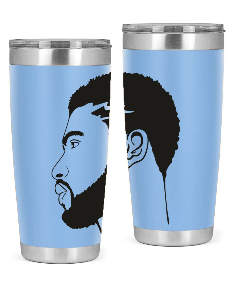 Beardman 52# black tumbler with double wall vacuum stainless steel design, featuring a drink-thru lid and stylish print.