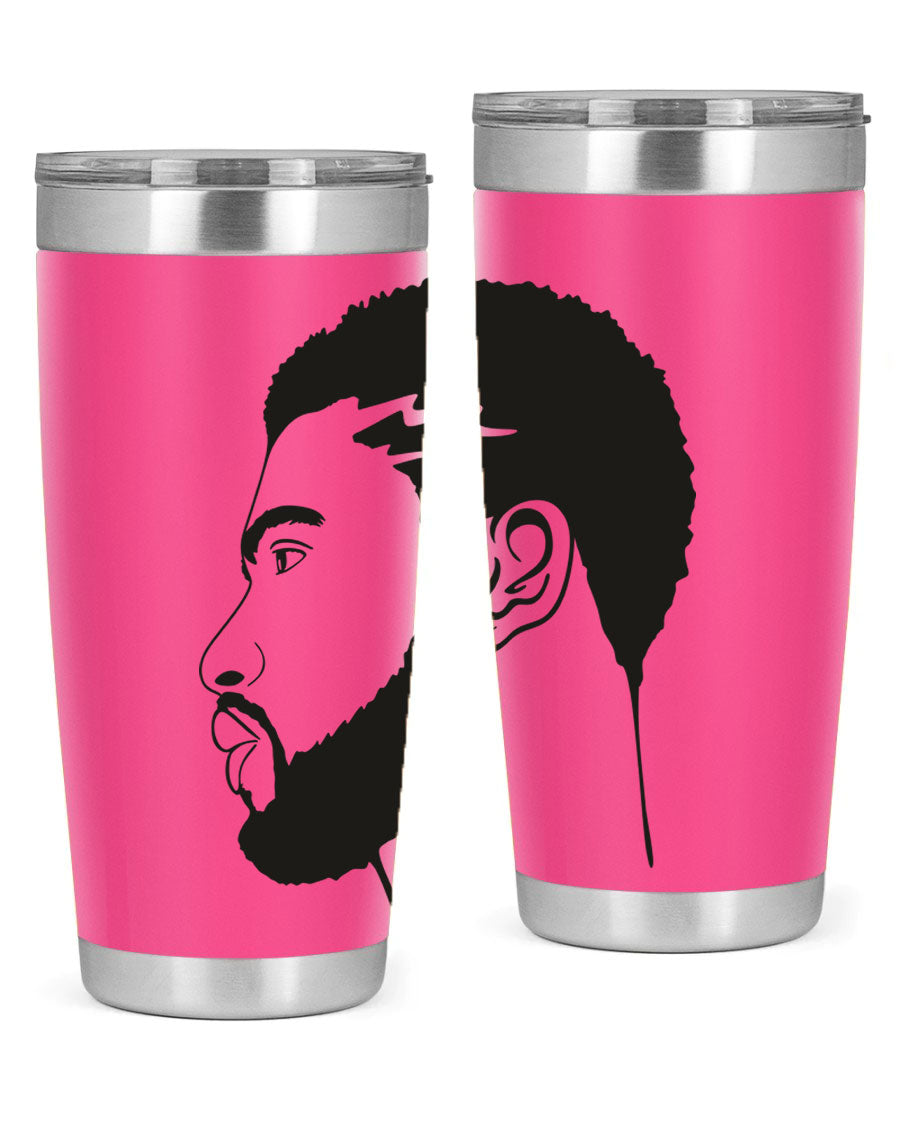 Beardman 52# black tumbler with double wall vacuum stainless steel design, featuring a drink-thru lid and stylish print.