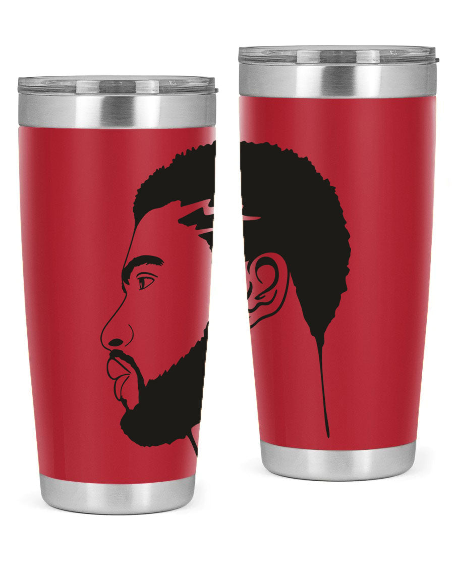 Beardman 52# black tumbler with double wall vacuum stainless steel design, featuring a drink-thru lid and stylish print.