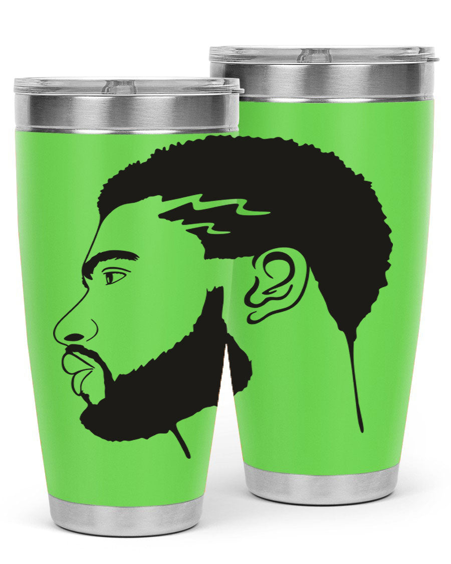 Beardman 52# black tumbler with double wall vacuum stainless steel design, featuring a drink-thru lid and stylish print.