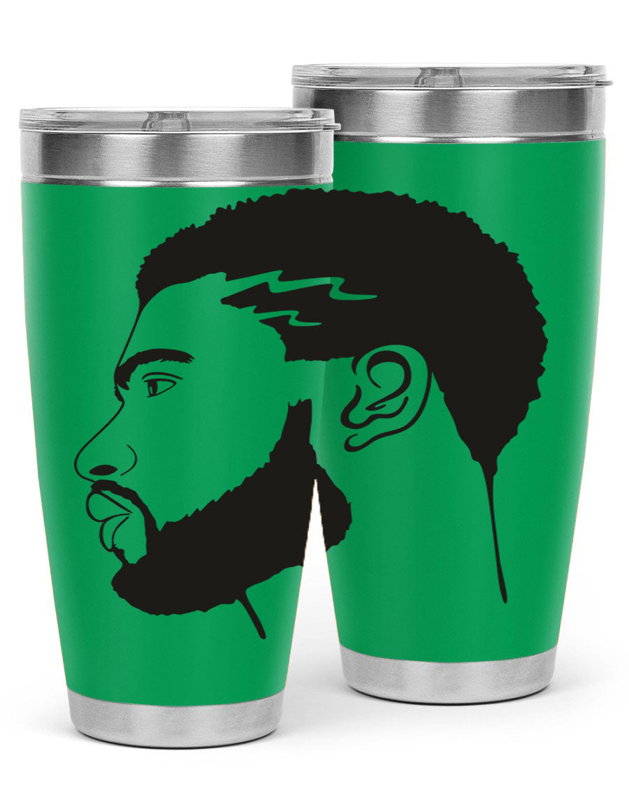 Beardman 52# black tumbler with double wall vacuum stainless steel design, featuring a drink-thru lid and stylish print.
