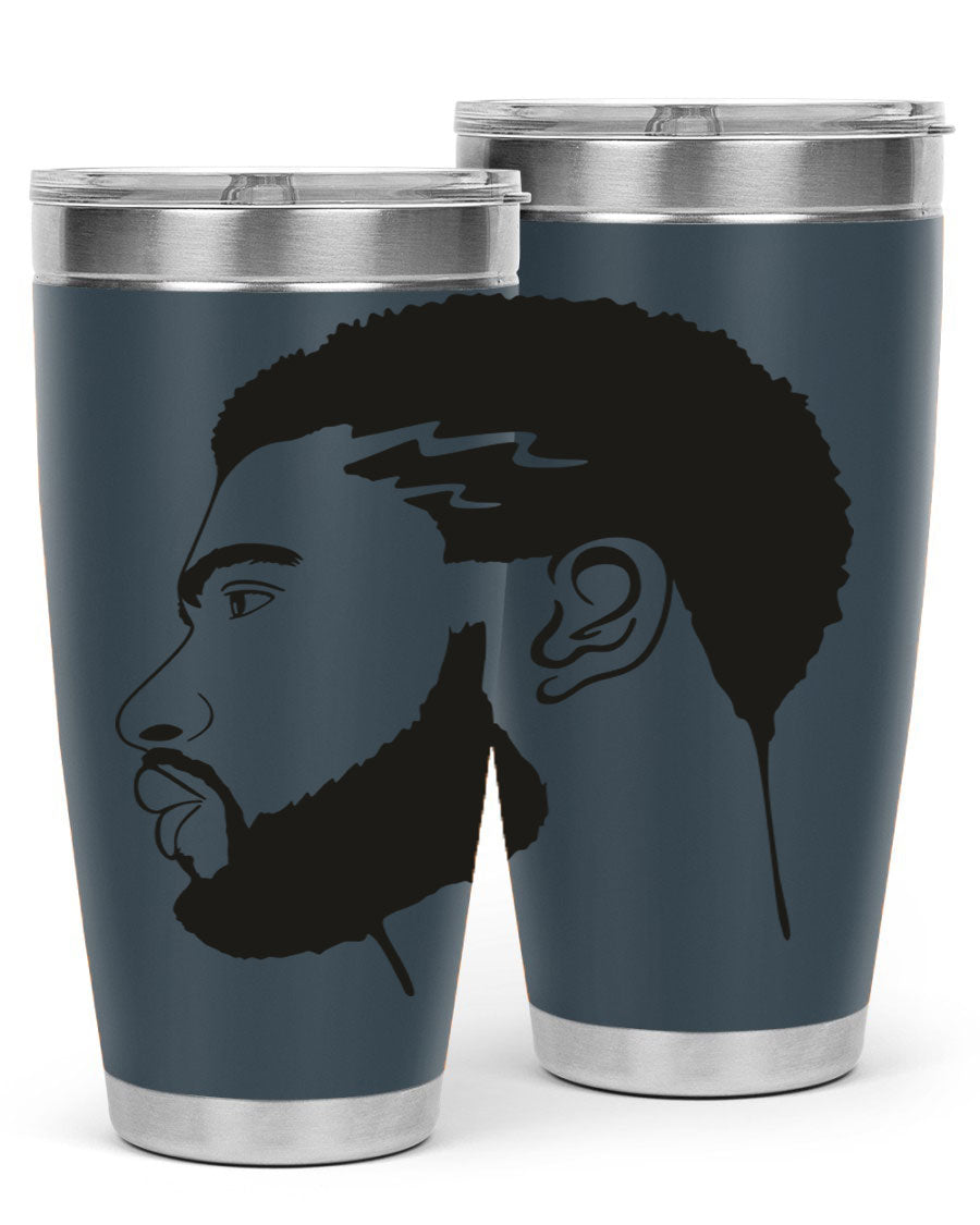 Beardman 52# black tumbler with double wall vacuum stainless steel design, featuring a drink-thru lid and stylish print.