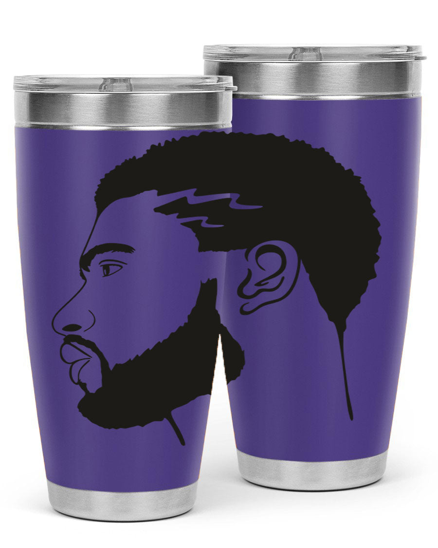 Beardman 52# black tumbler with double wall vacuum stainless steel design, featuring a drink-thru lid and stylish print.
