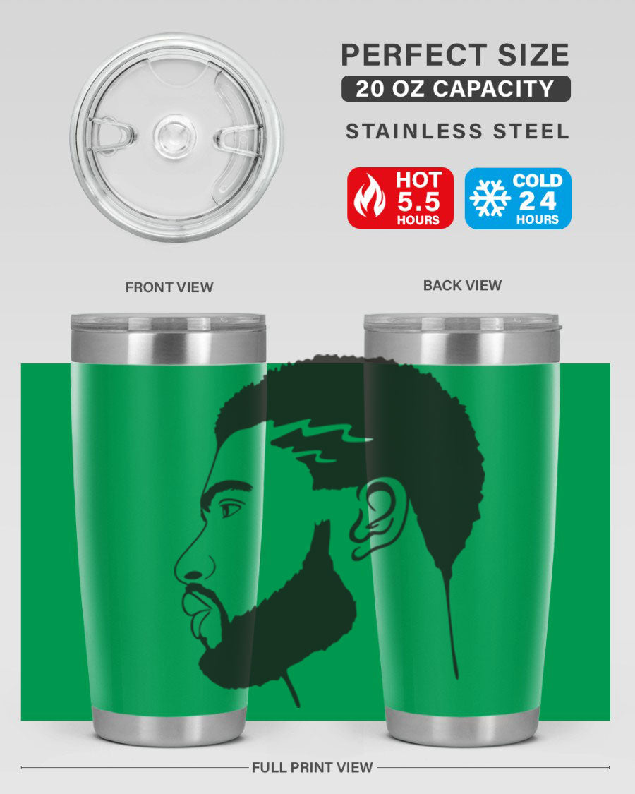 Beardman 52# black tumbler with double wall vacuum stainless steel design, featuring a drink-thru lid and stylish print.