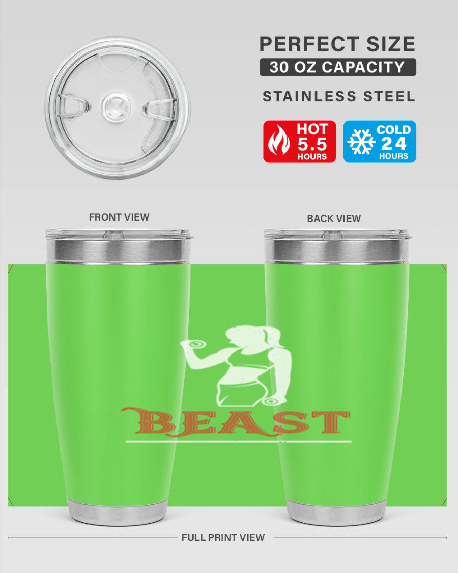 Beast 102# Gym Tumbler in stainless steel, showcasing its double wall vacuum design and drink-thru lid, perfect for hot and cold beverages.