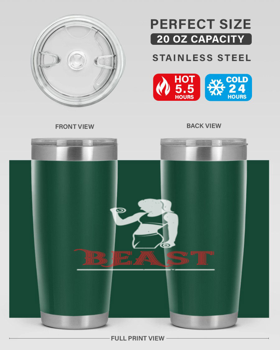 Beast 102# Gym Tumbler in stainless steel, showcasing its double wall vacuum design and drink-thru lid, perfect for hot and cold beverages.