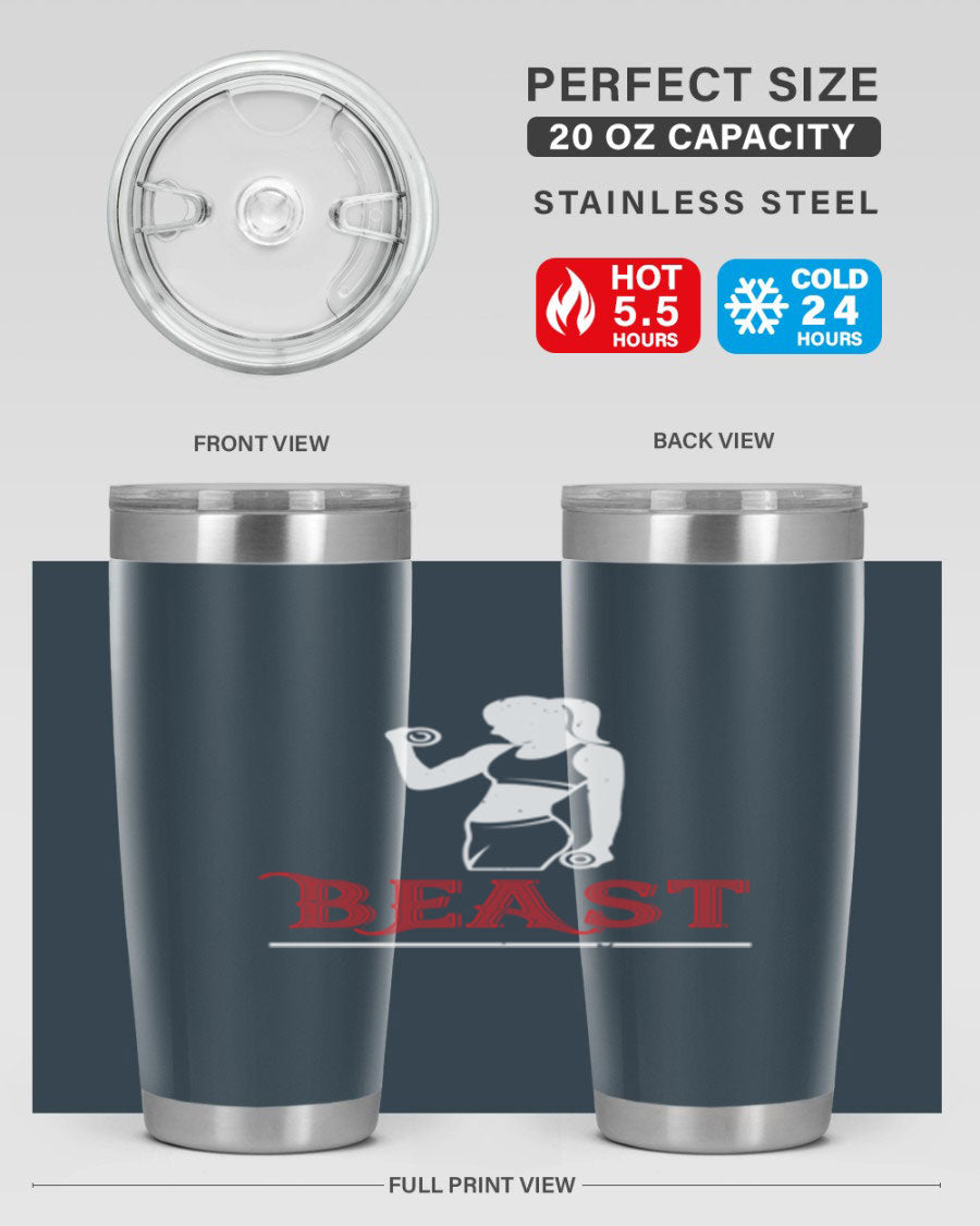 Beast 102# Gym Tumbler in stainless steel, showcasing its double wall vacuum design and drink-thru lid, perfect for hot and cold beverages.