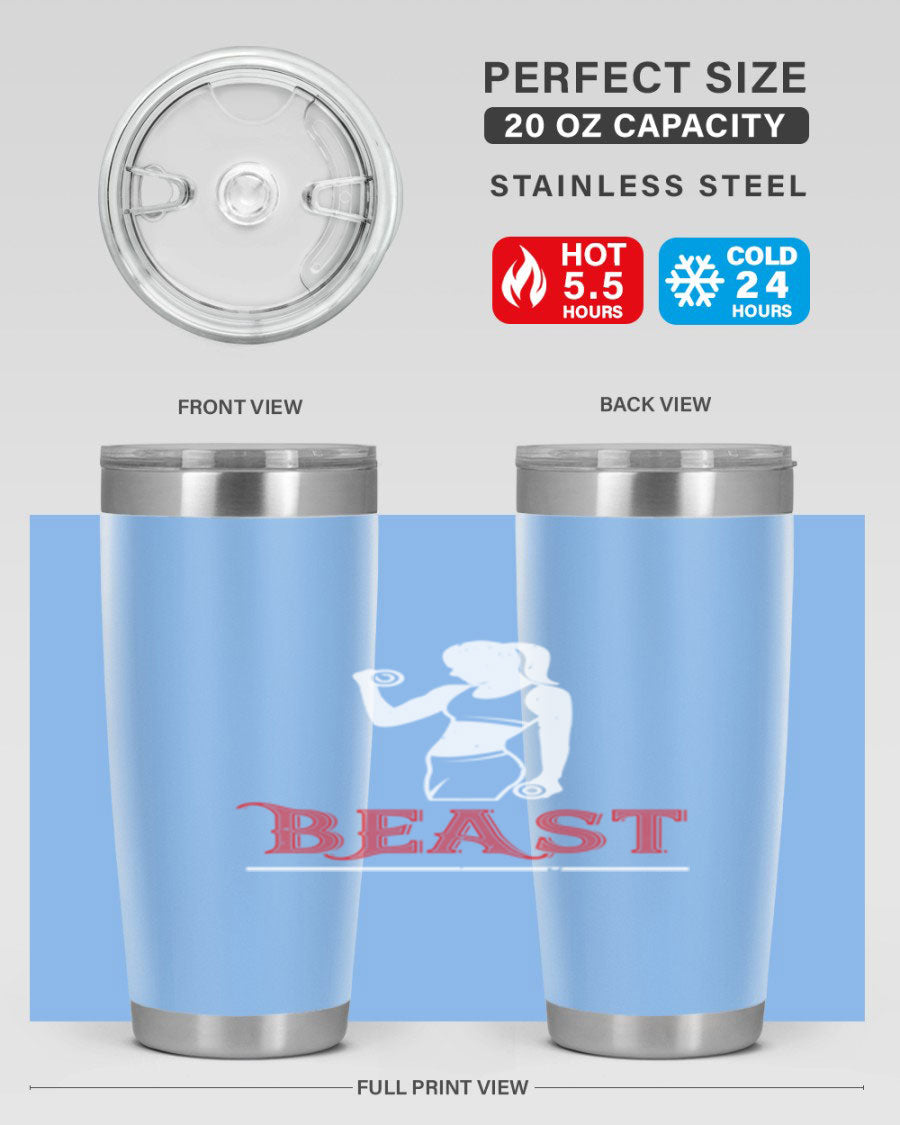 Beast 102# Gym Tumbler in stainless steel, showcasing its double wall vacuum design and drink-thru lid, perfect for hot and cold beverages.