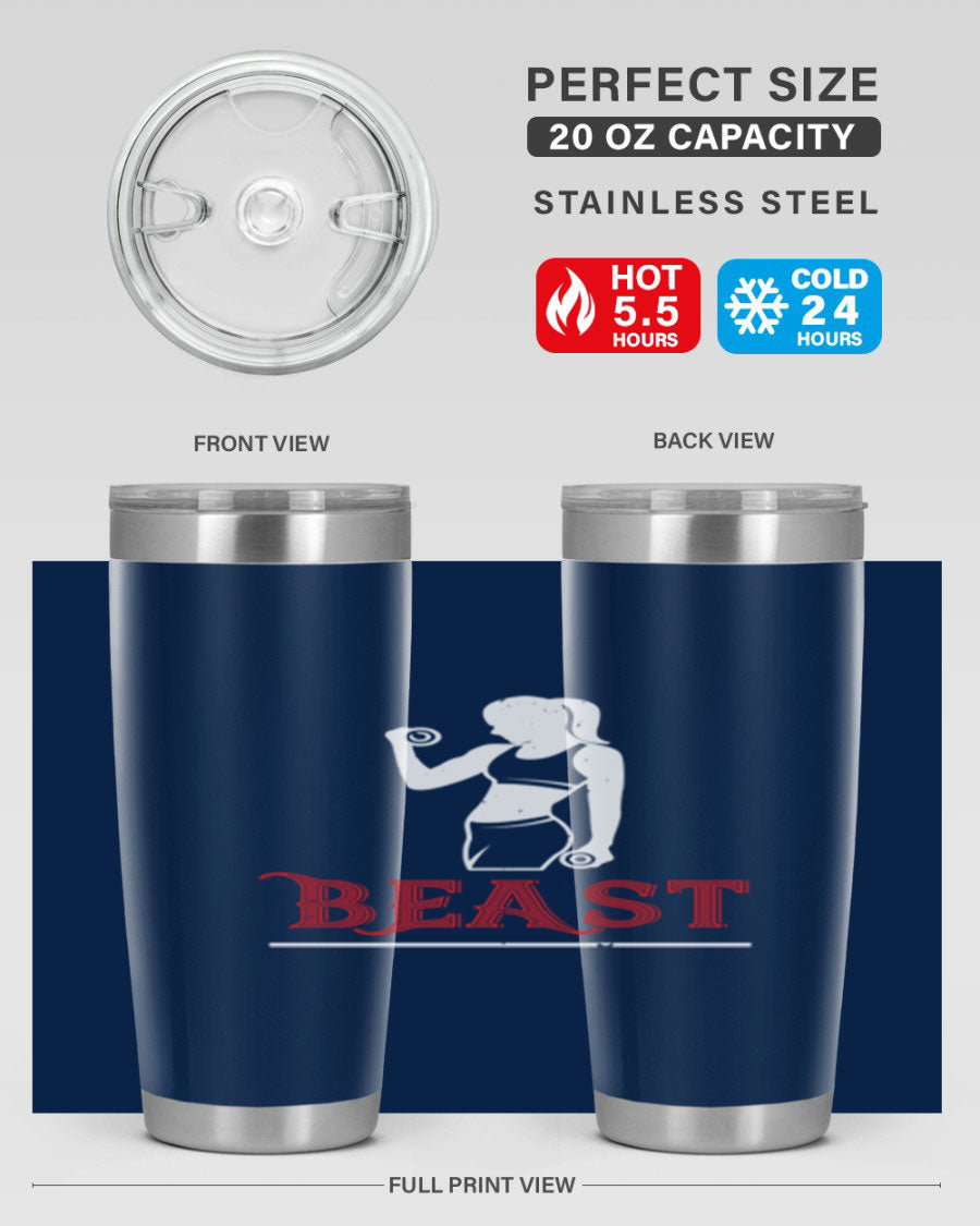 Beast 102# Gym Tumbler in stainless steel, showcasing its double wall vacuum design and drink-thru lid, perfect for hot and cold beverages.