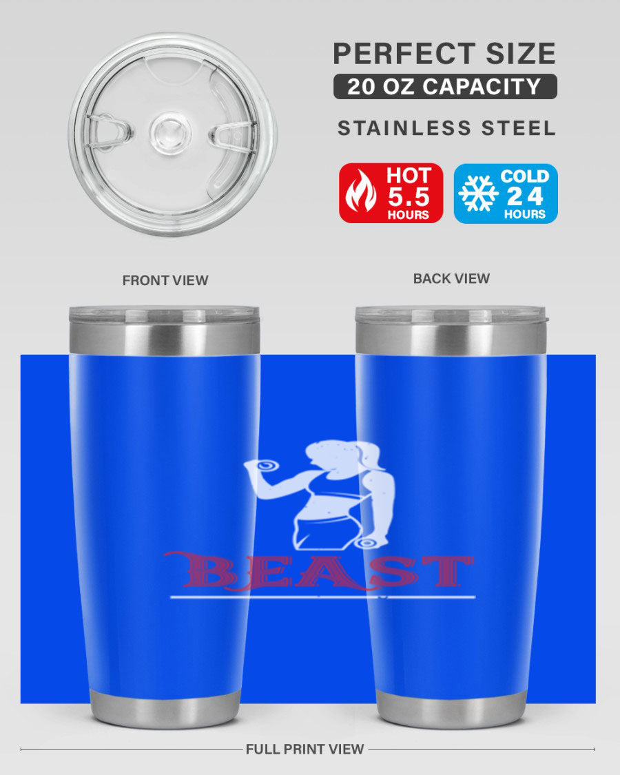 Beast 102# Gym Tumbler in stainless steel, showcasing its double wall vacuum design and drink-thru lid, perfect for hot and cold beverages.