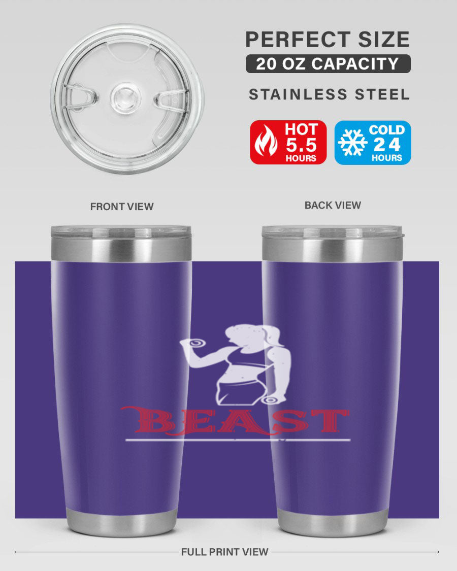 Beast 102# Gym Tumbler in stainless steel, showcasing its double wall vacuum design and drink-thru lid, perfect for hot and cold beverages.