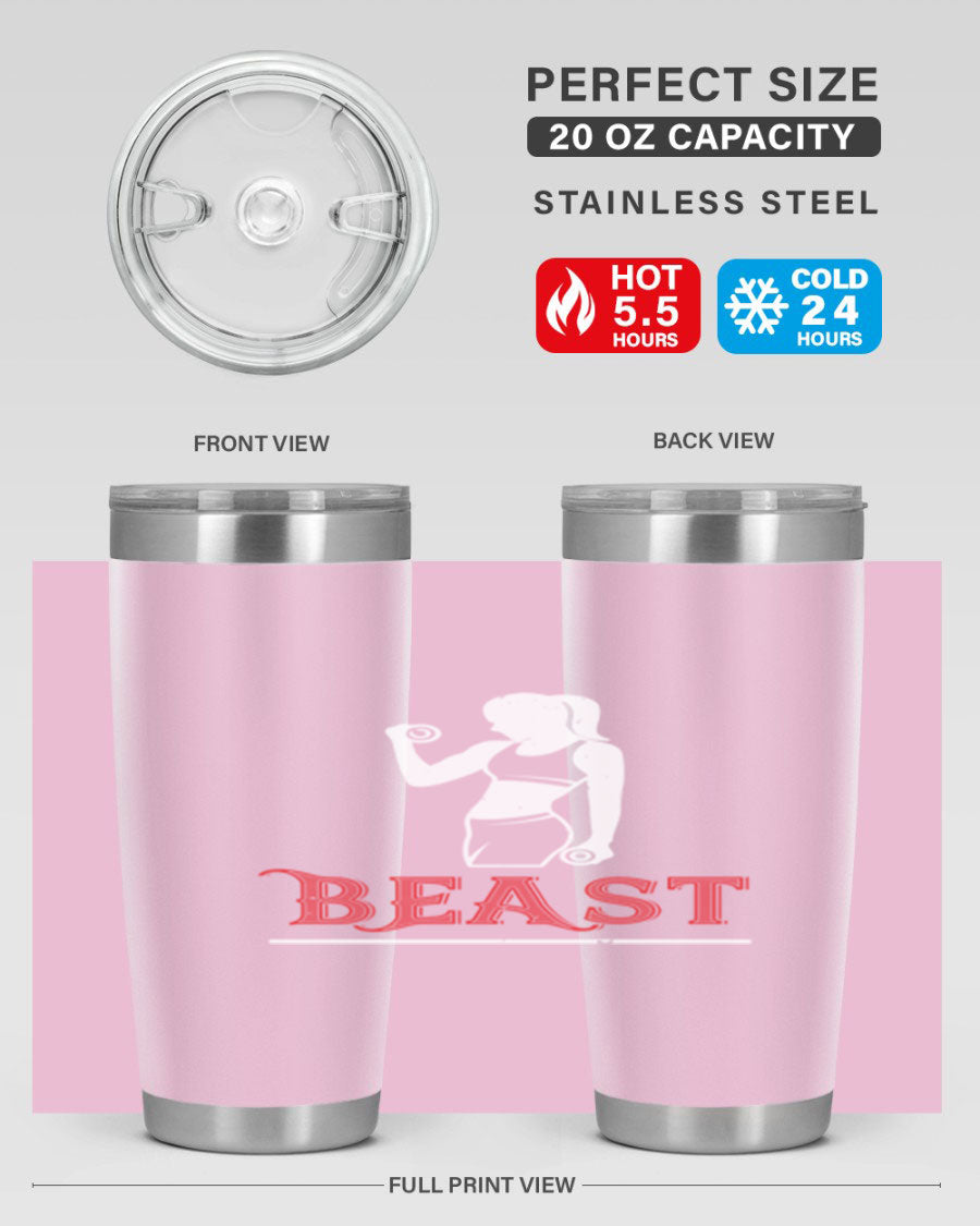 Beast 102# Gym Tumbler in stainless steel, showcasing its double wall vacuum design and drink-thru lid, perfect for hot and cold beverages.