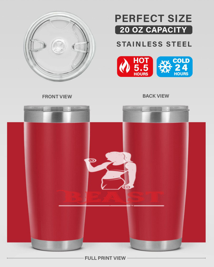 Beast 102# Gym Tumbler in stainless steel, showcasing its double wall vacuum design and drink-thru lid, perfect for hot and cold beverages.