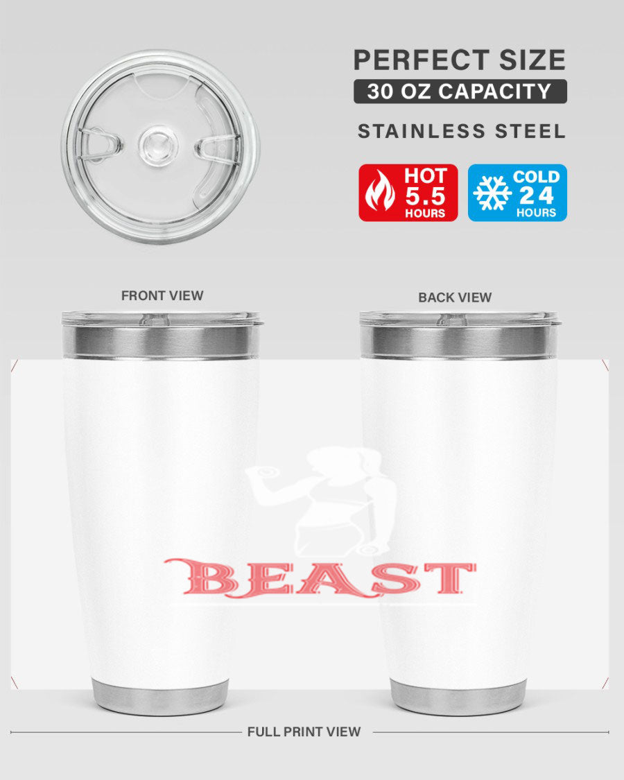 Beast 102# Gym Tumbler in stainless steel, showcasing its double wall vacuum design and drink-thru lid, perfect for hot and cold beverages.