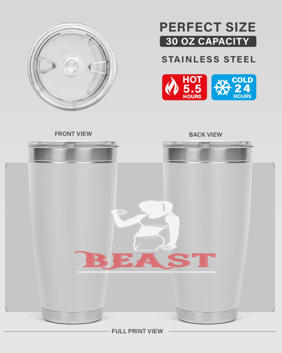 Beast 102# Gym Tumbler in stainless steel, showcasing its double wall vacuum design and drink-thru lid, perfect for hot and cold beverages.
