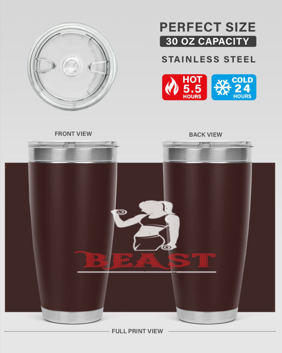 Beast 102# Gym Tumbler in stainless steel, showcasing its double wall vacuum design and drink-thru lid, perfect for hot and cold beverages.