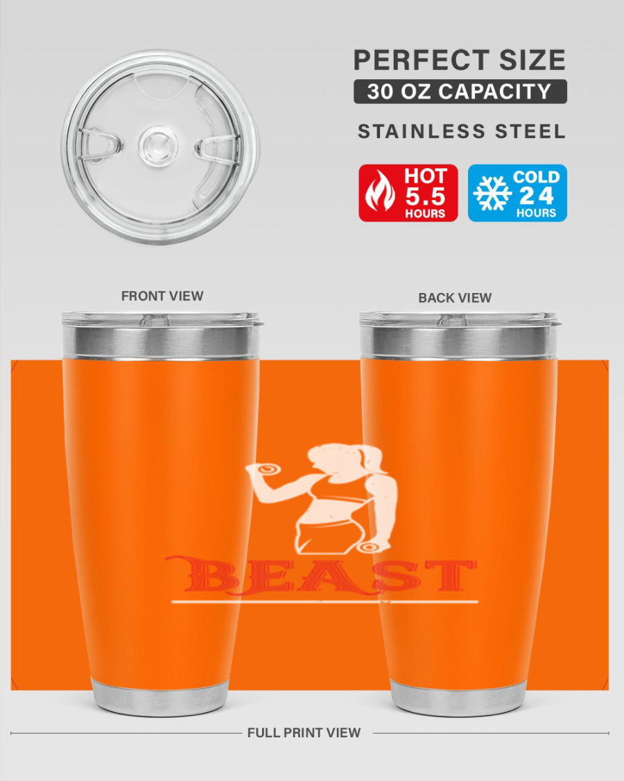 Beast 102# Gym Tumbler in stainless steel, showcasing its double wall vacuum design and drink-thru lid, perfect for hot and cold beverages.