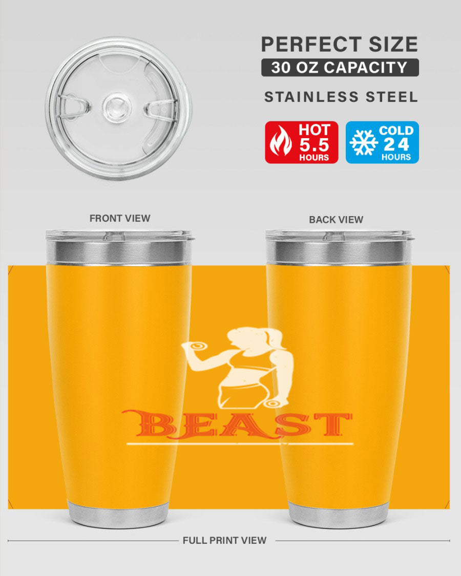 Beast 102# Gym Tumbler in stainless steel, showcasing its double wall vacuum design and drink-thru lid, perfect for hot and cold beverages.
