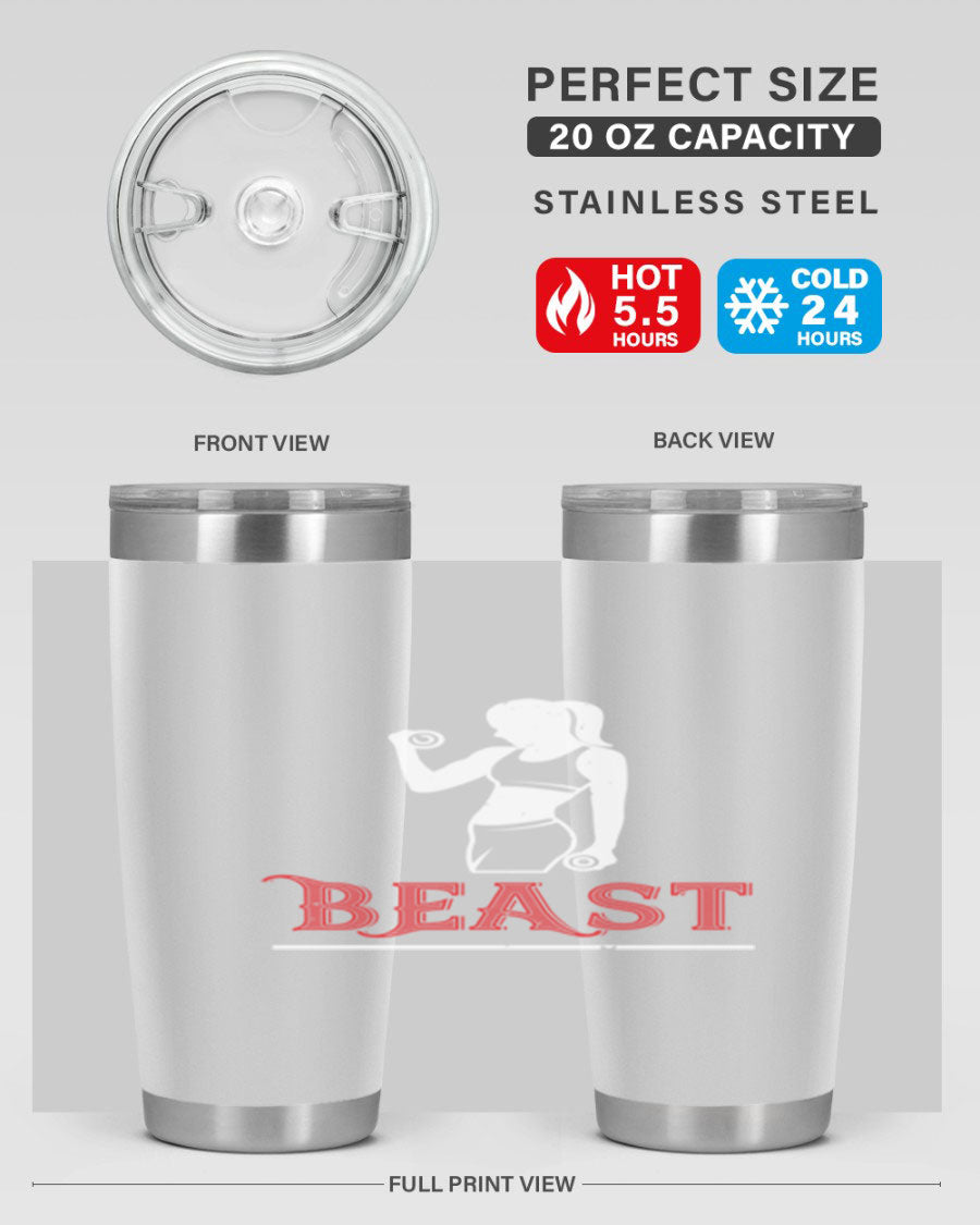 Beast 102# Gym Tumbler in stainless steel, showcasing its double wall vacuum design and drink-thru lid, perfect for hot and cold beverages.