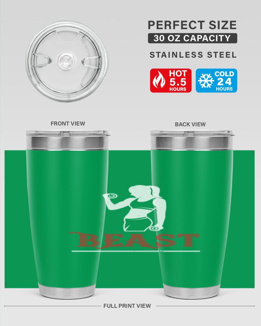 Beast 102# Gym Tumbler in stainless steel, showcasing its double wall vacuum design and drink-thru lid, perfect for hot and cold beverages.