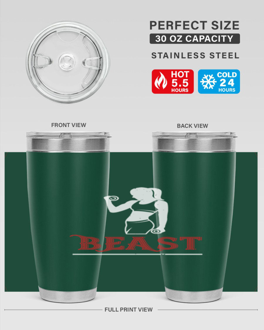 Beast 102# Gym Tumbler in stainless steel, showcasing its double wall vacuum design and drink-thru lid, perfect for hot and cold beverages.