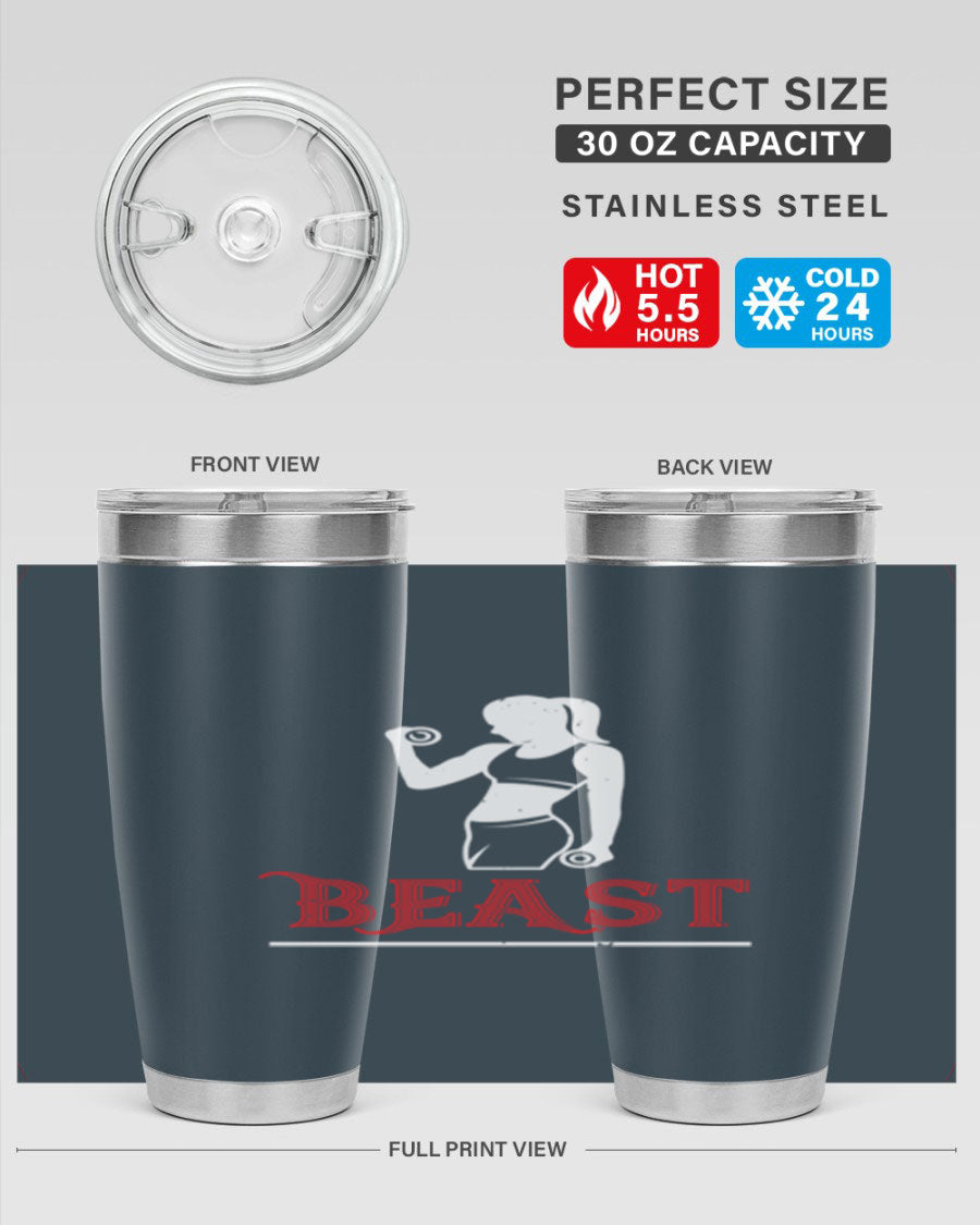 Beast 102# Gym Tumbler in stainless steel, showcasing its double wall vacuum design and drink-thru lid, perfect for hot and cold beverages.