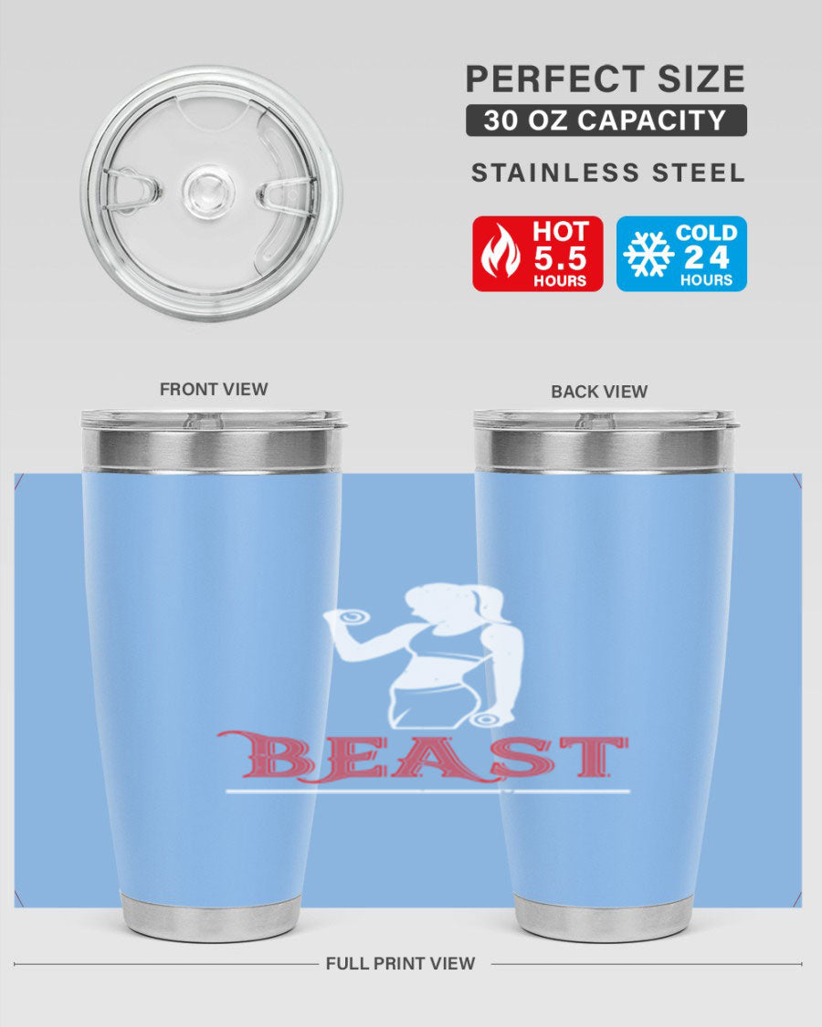 Beast 102# Gym Tumbler in stainless steel, showcasing its double wall vacuum design and drink-thru lid, perfect for hot and cold beverages.