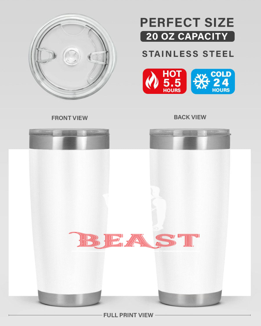 Beast 102# Gym Tumbler in stainless steel, showcasing its double wall vacuum design and drink-thru lid, perfect for hot and cold beverages.